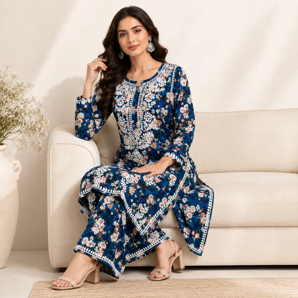 Floral Chikankari Pant Set