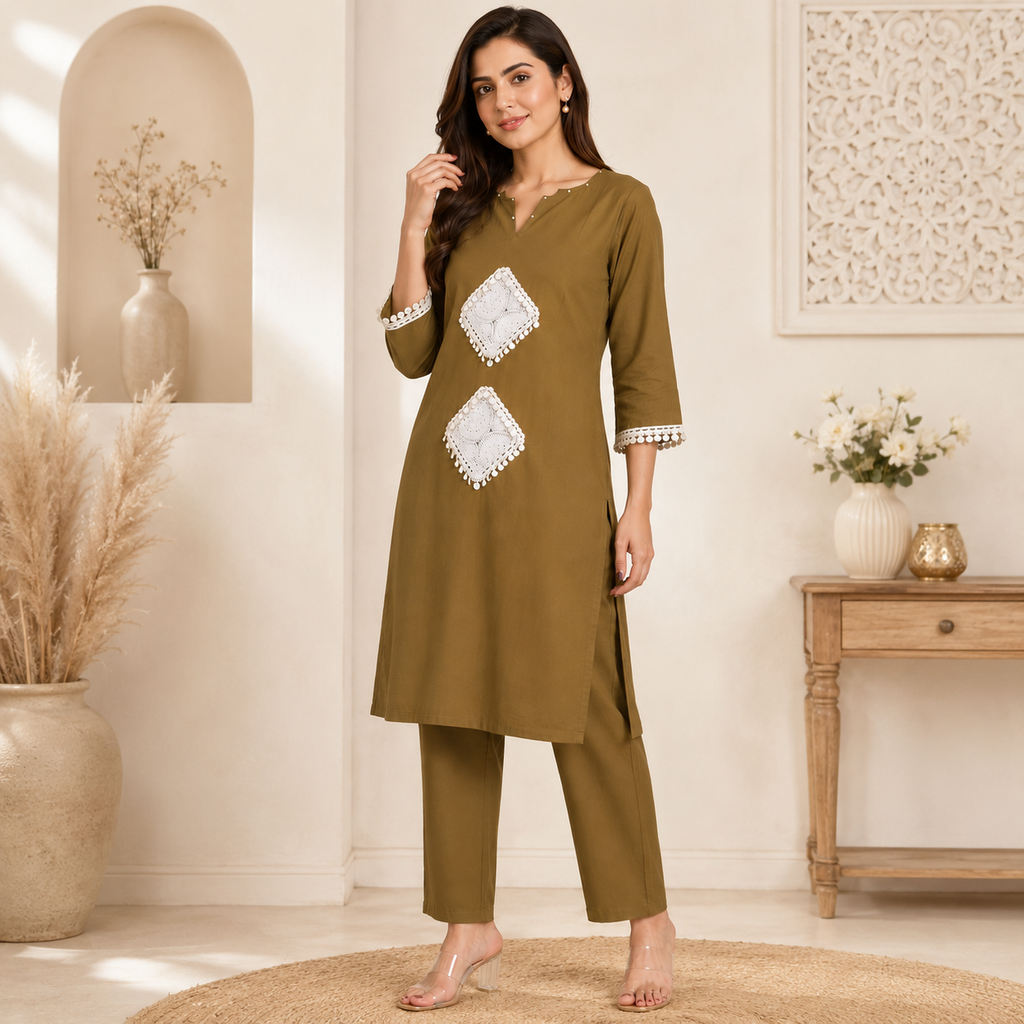 Olive Charm Embellished Kurta Set