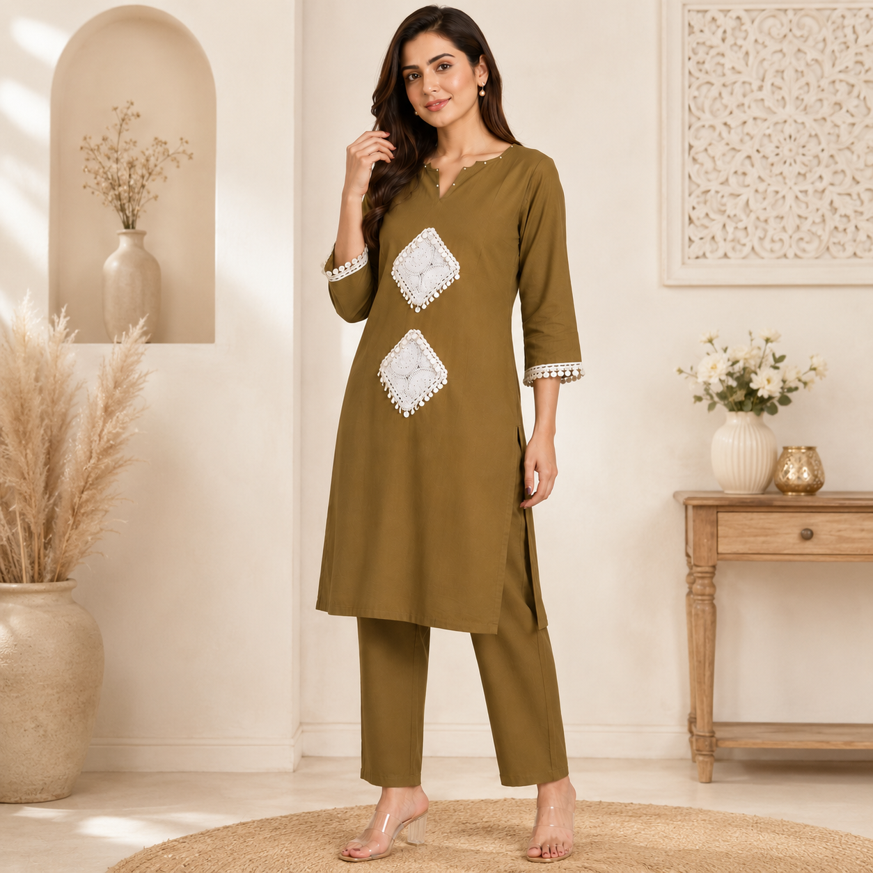 Olive Charm Embellished Kurta Set