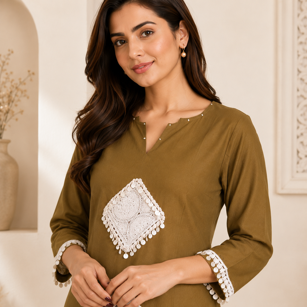 Olive Charm Embellished Kurta Set