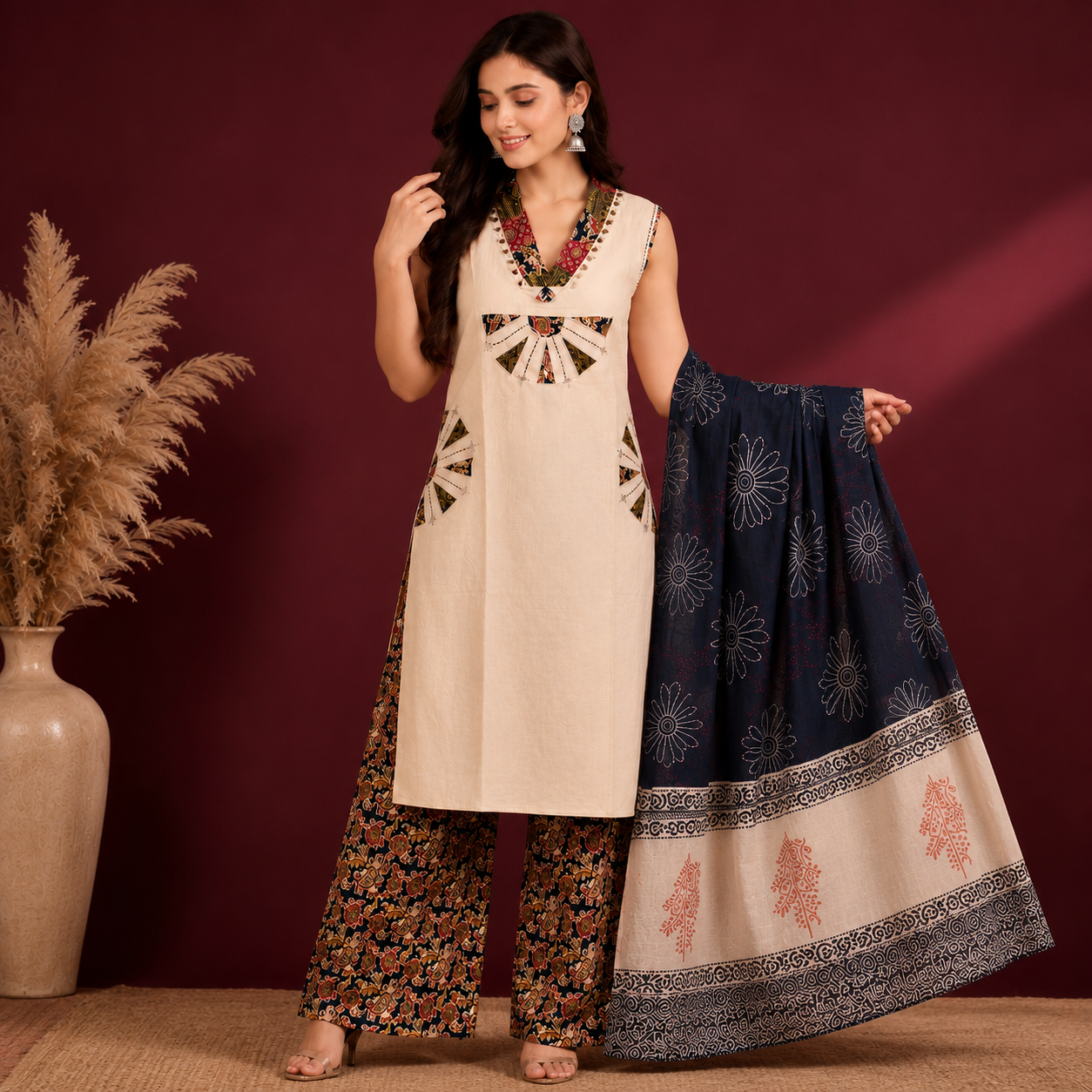 Ivory Applique Art Cotton 3-Piece Suit Set