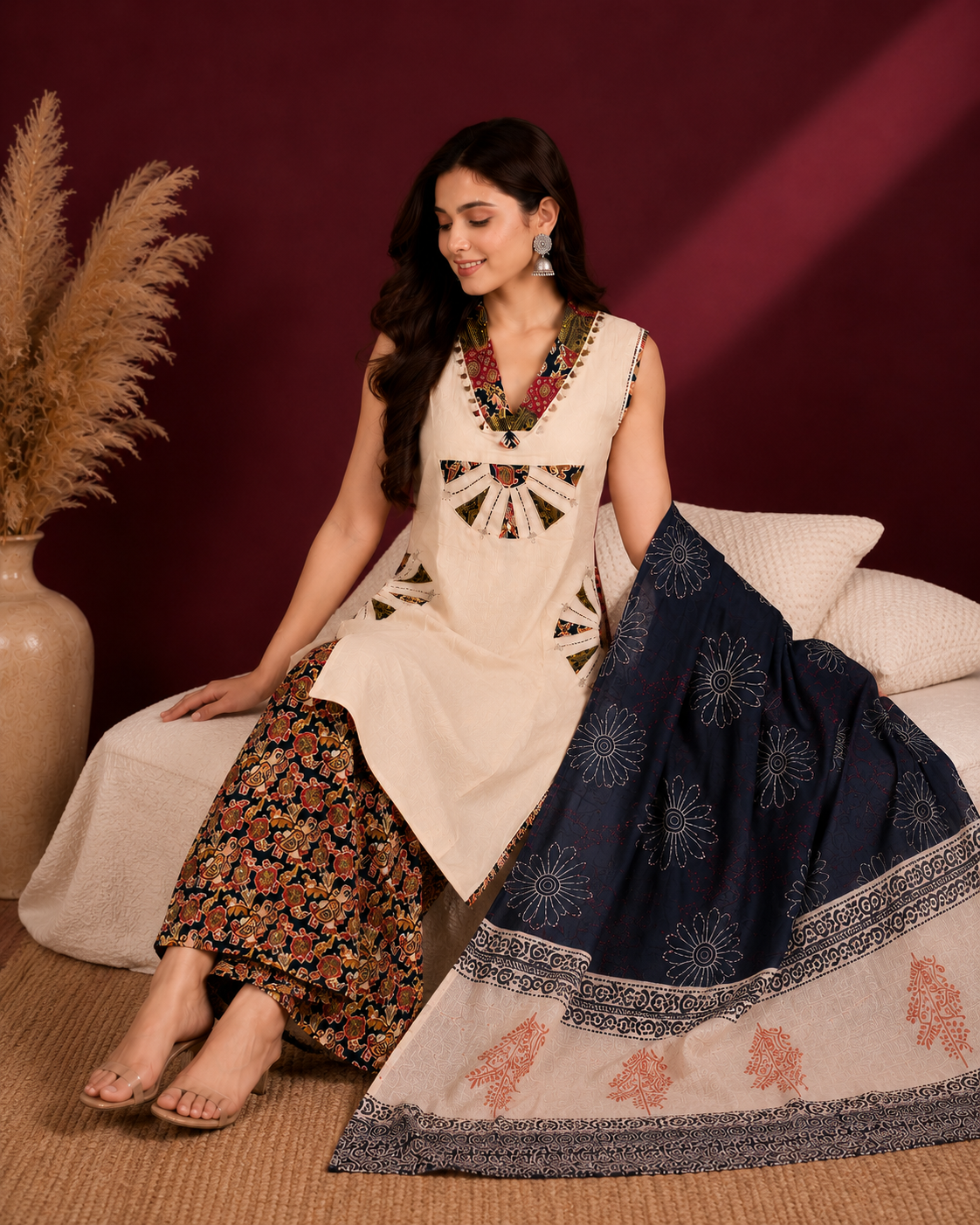 Ivory Applique Art Cotton 3-Piece Suit Set