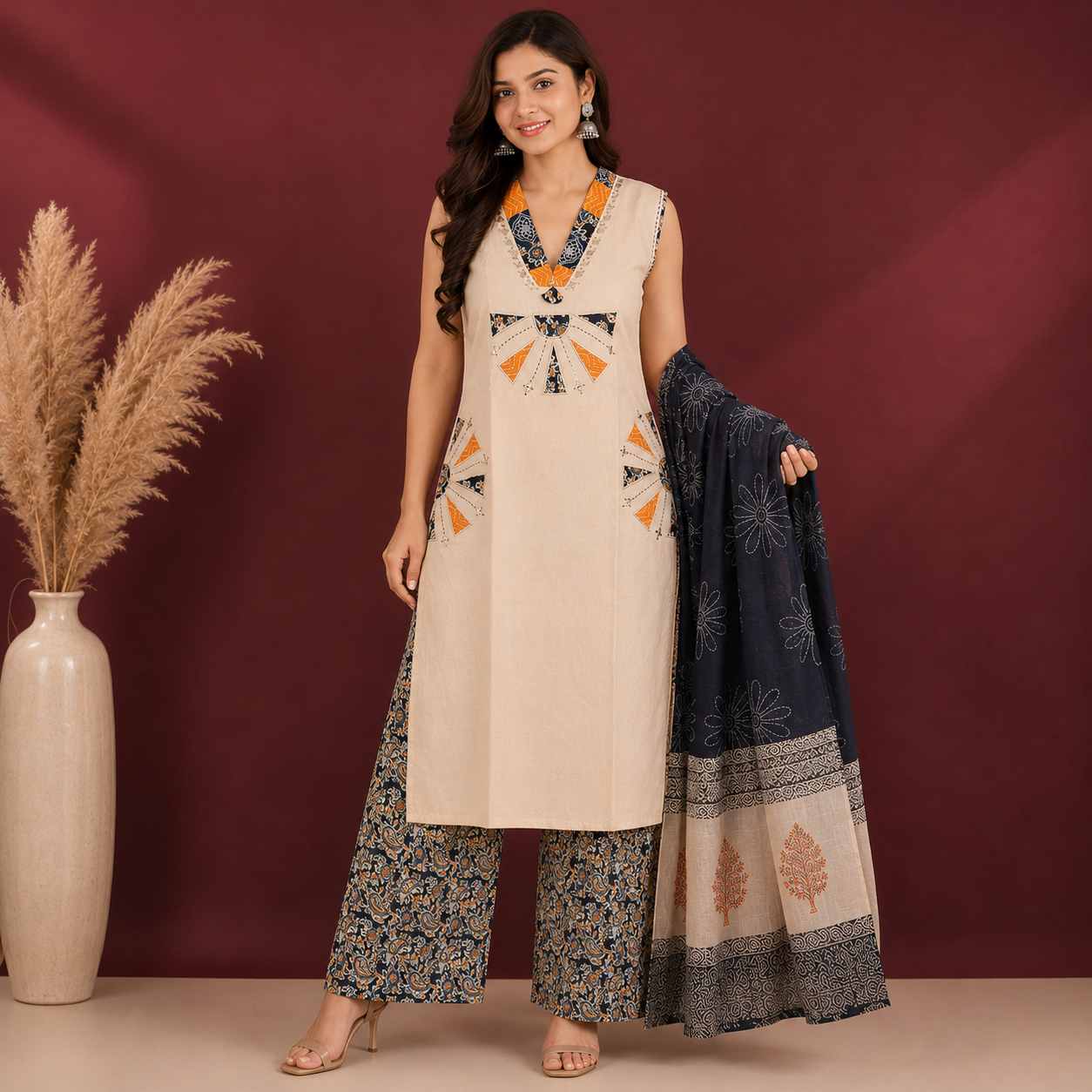 Ivory Applique Art Cotton 3-Piece Suit Set