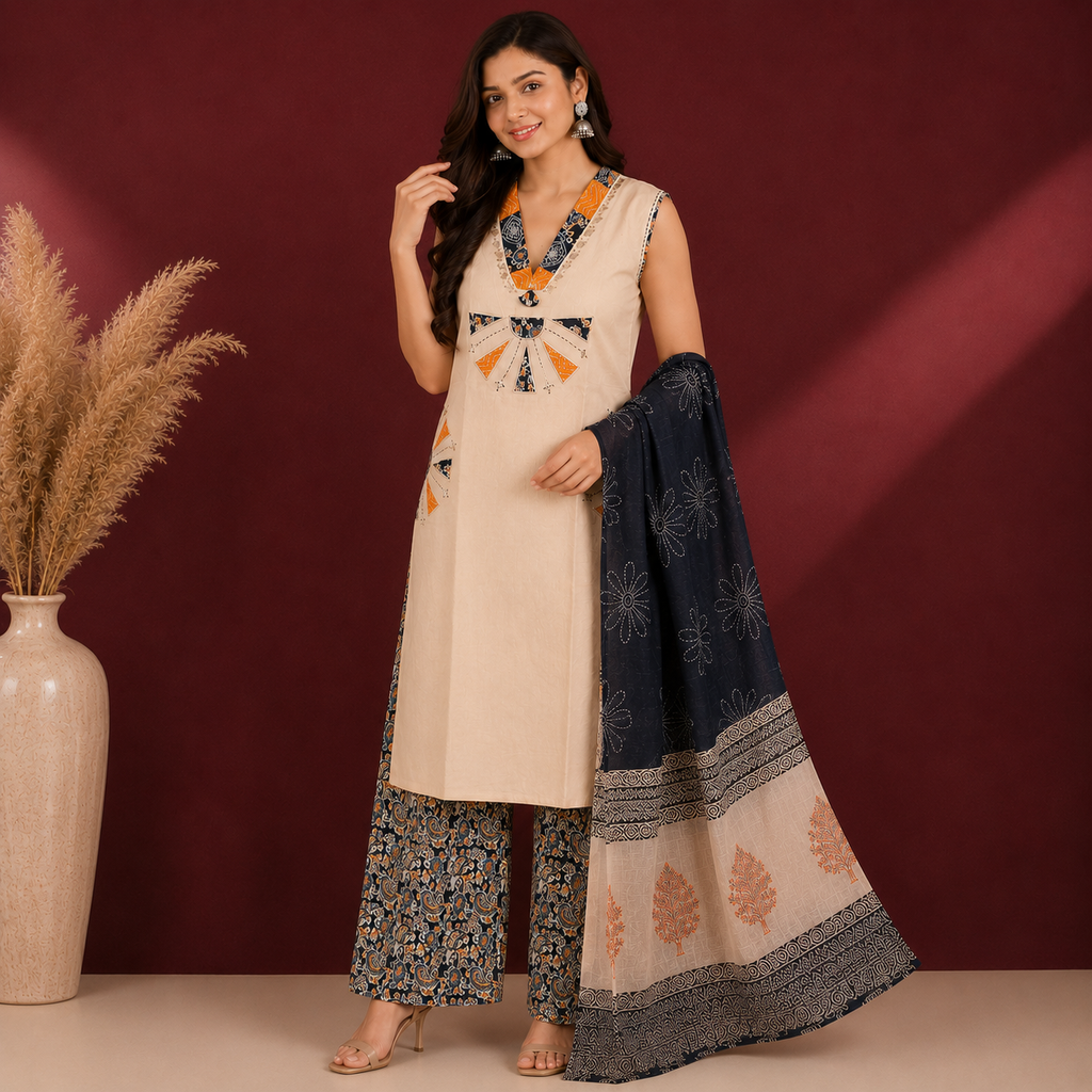 Ivory Applique Art Cotton 3-Piece Suit Set
