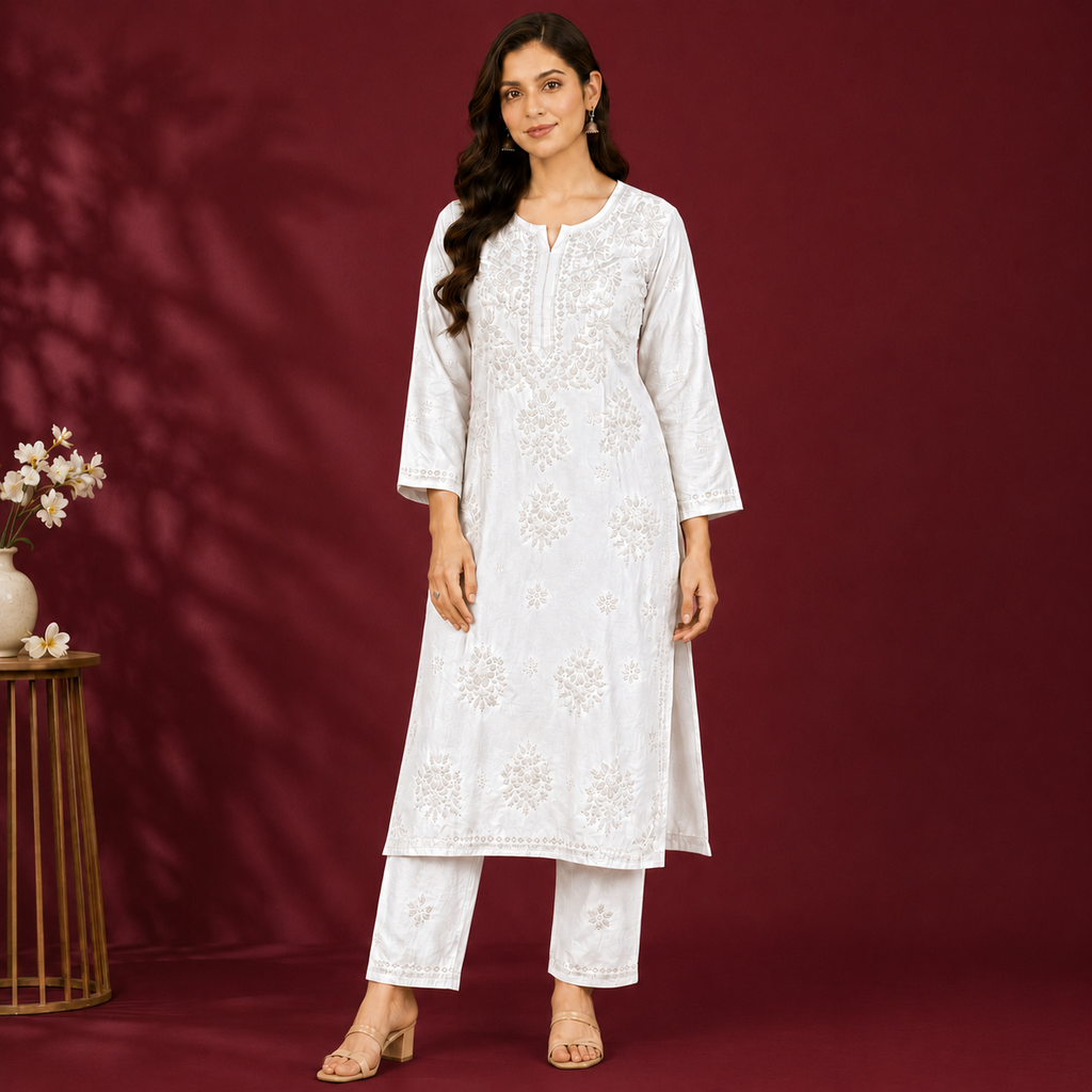 Chanderi Chikankari Pant Set.