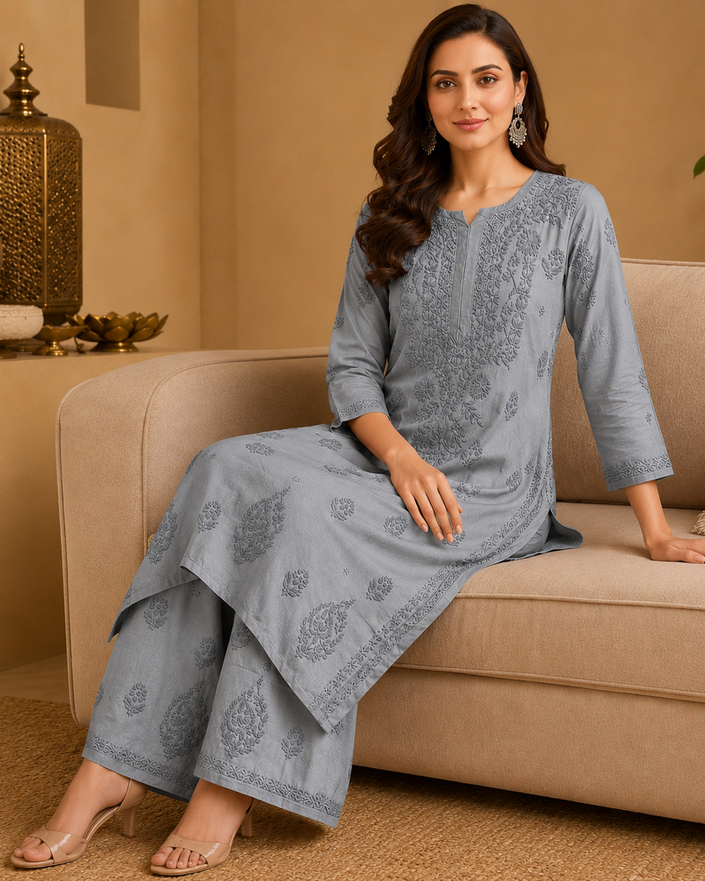 Muslin Chikankari Pant Set