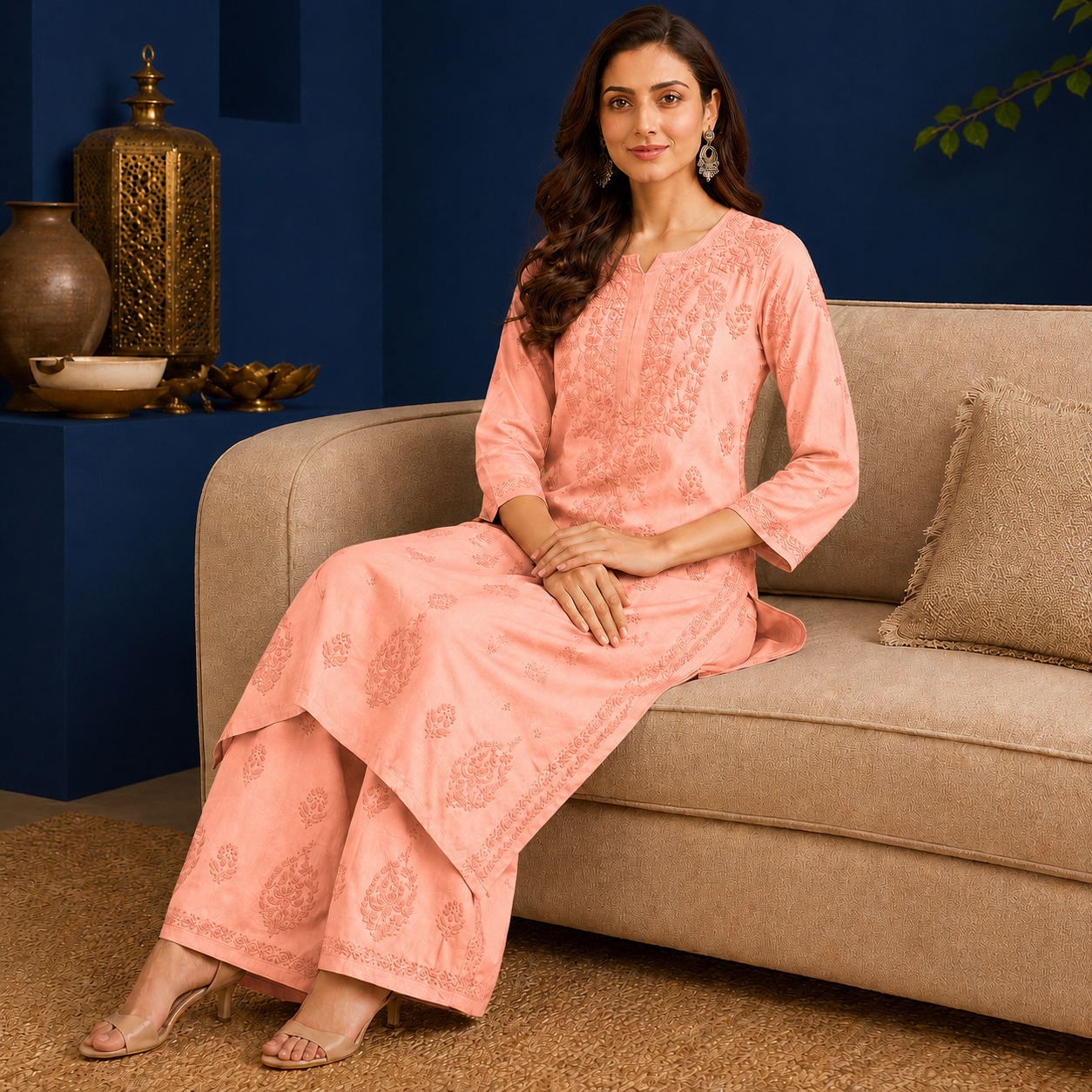 Muslin Chikankari Pant Set.