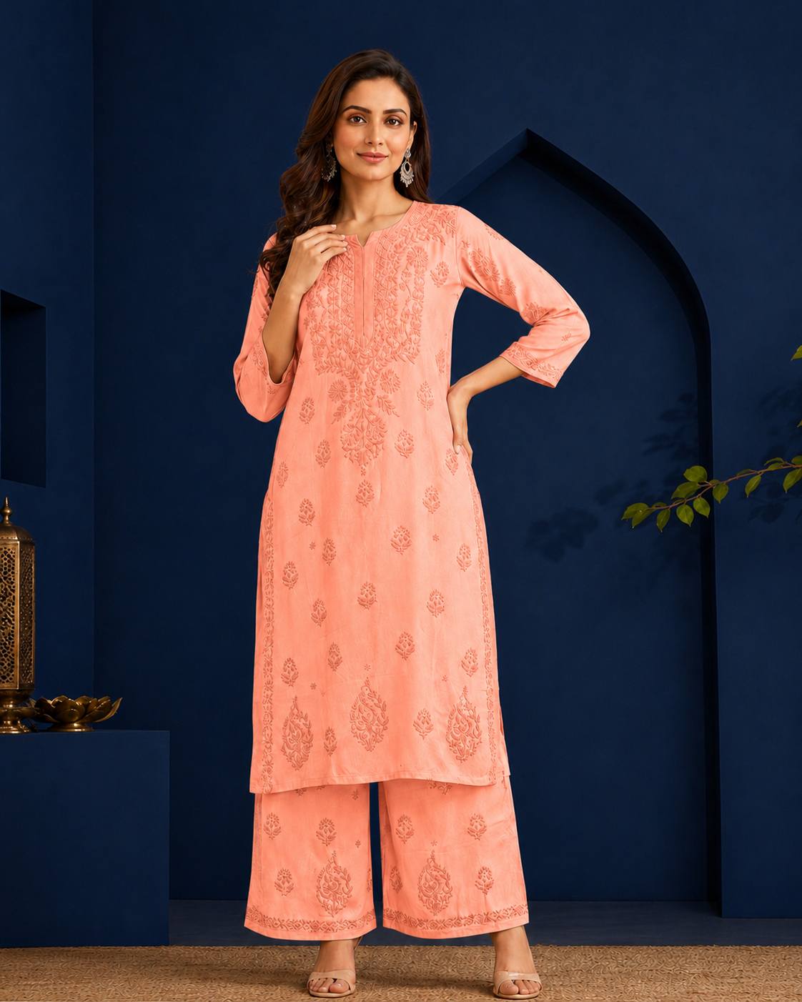 Muslin Chikankari Pant Set.