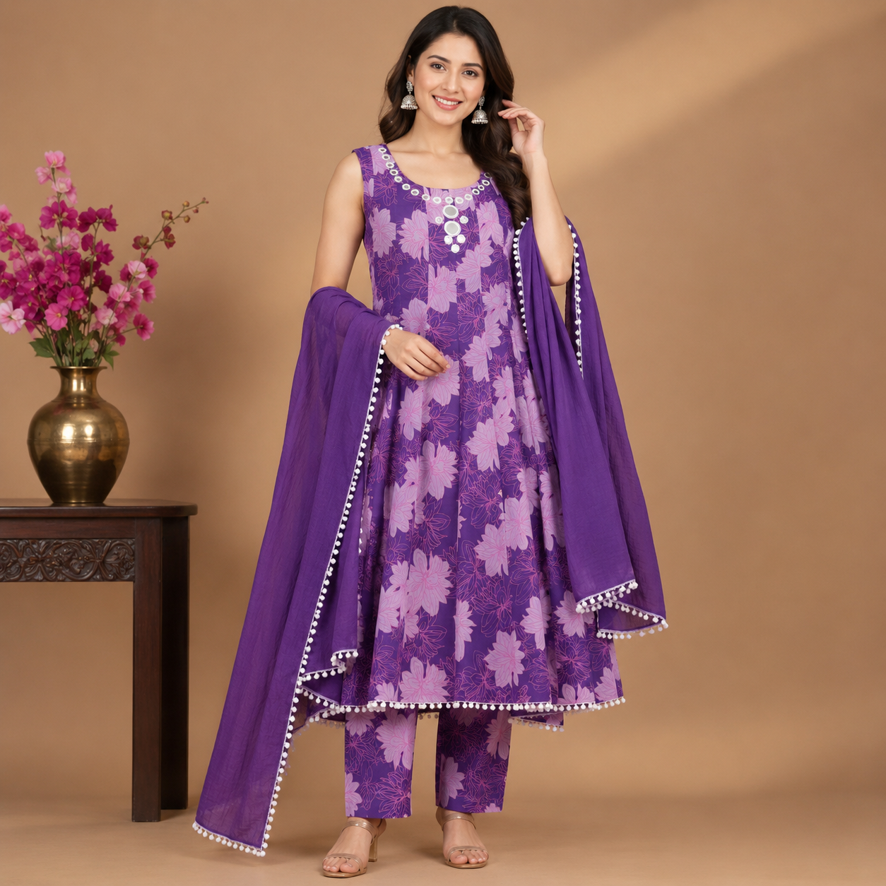 Blush Bloom Mirror Work Anarkali Set