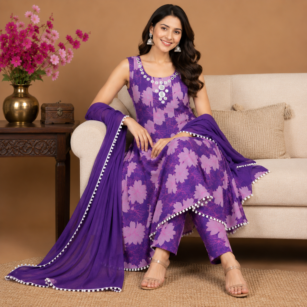 Blush Bloom Mirror Work Anarkali Set