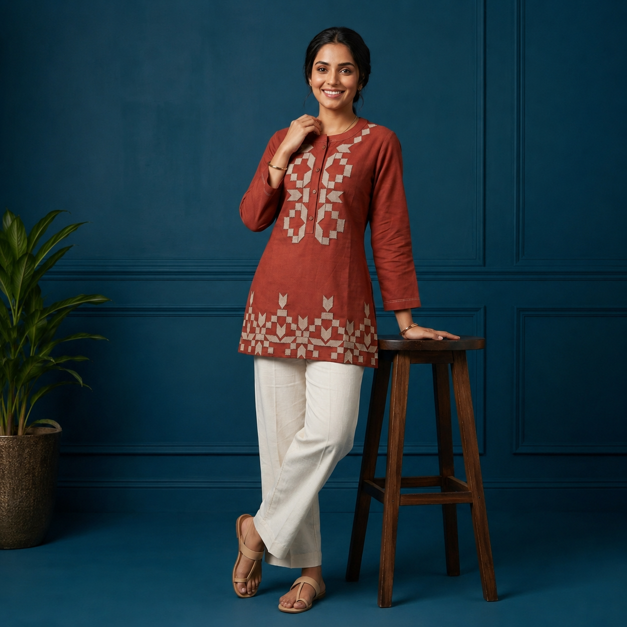 Rust Embroidered Short Kurti