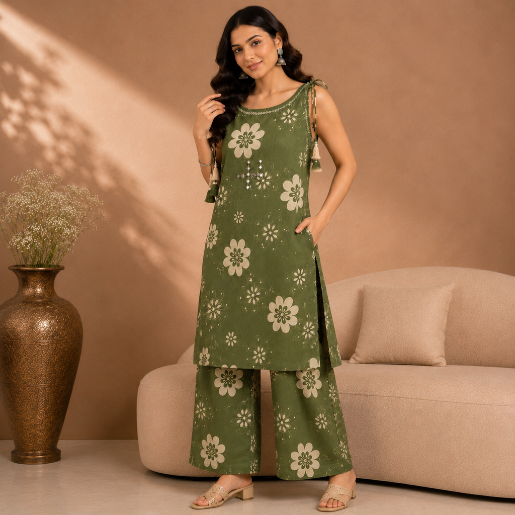 Olive Bloom Mirror Co-Ord Set