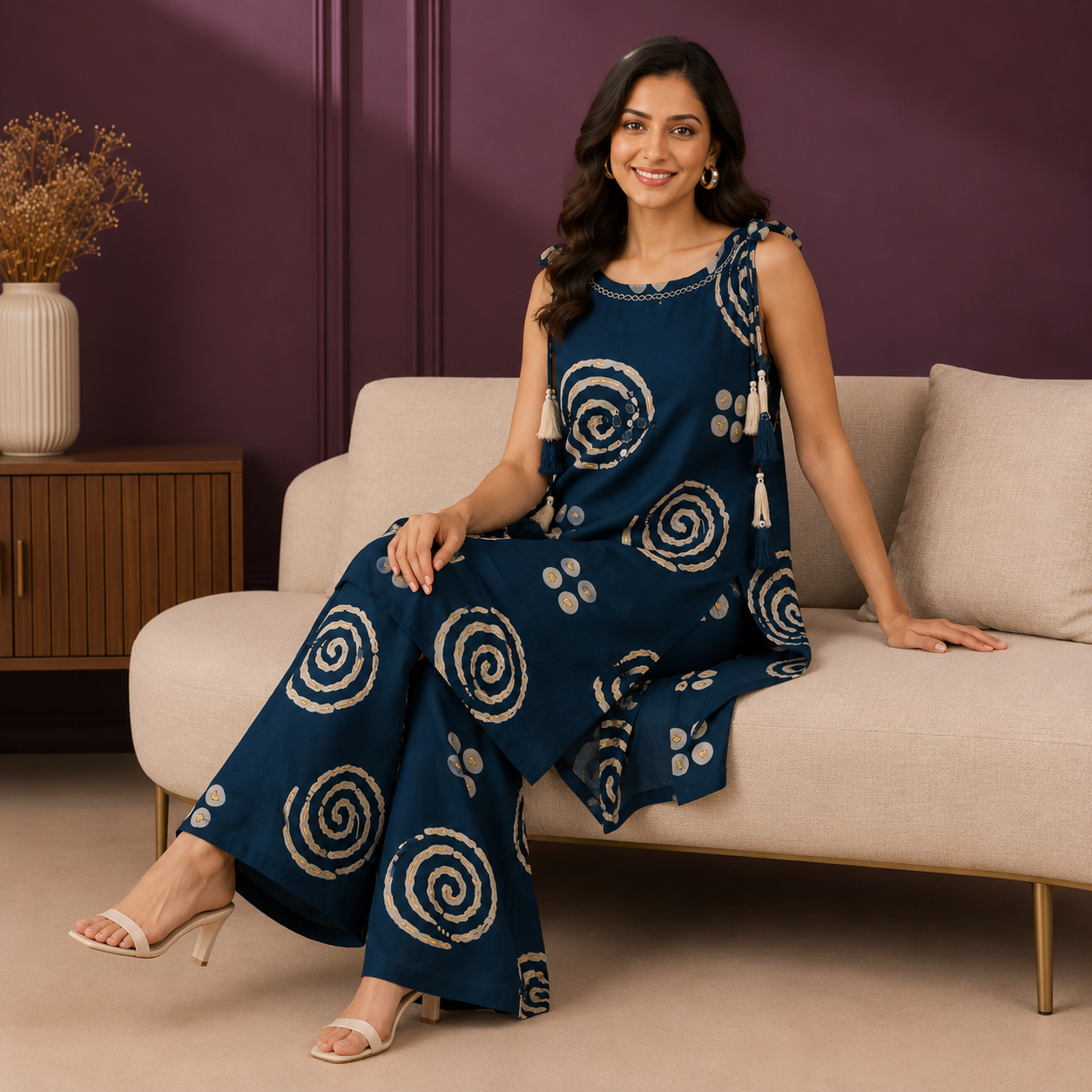Indigo Spiral Mirror Work Co-ord Set