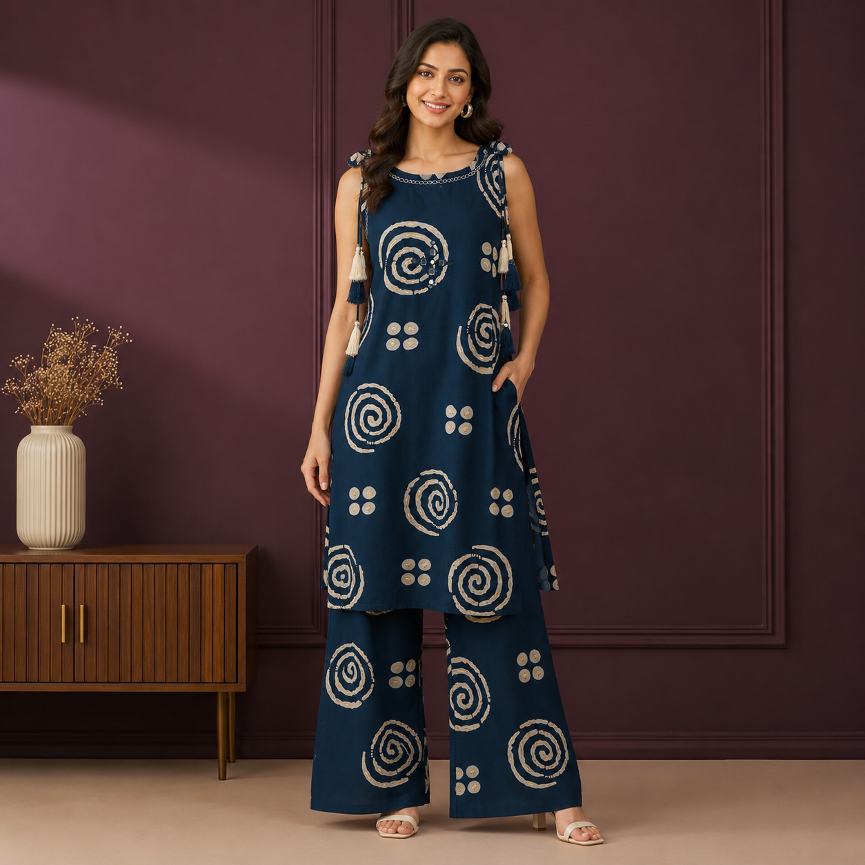 Indigo Spiral Mirror Work Co-ord Set