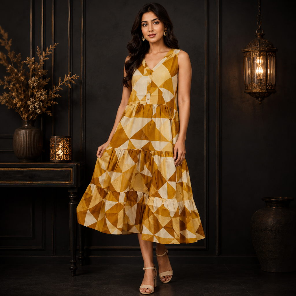 Golden Mirage Geometric Midi Dress