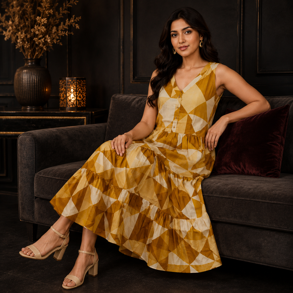 Golden Mirage Geometric Midi Dress