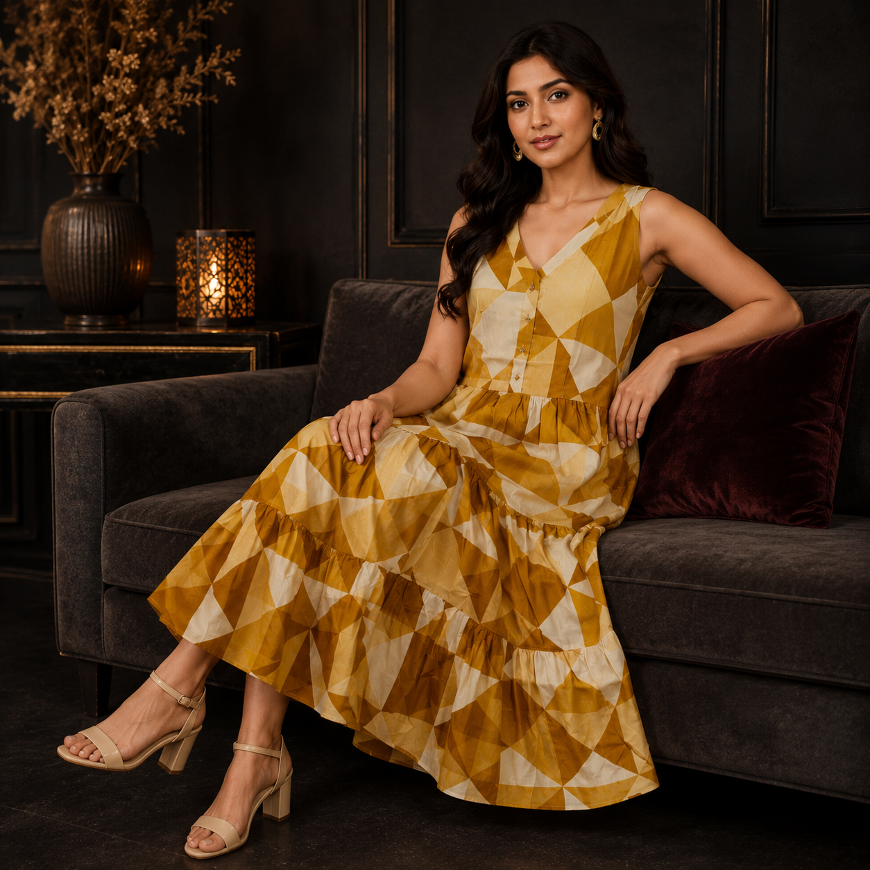 Golden Mirage Geometric Midi Dress