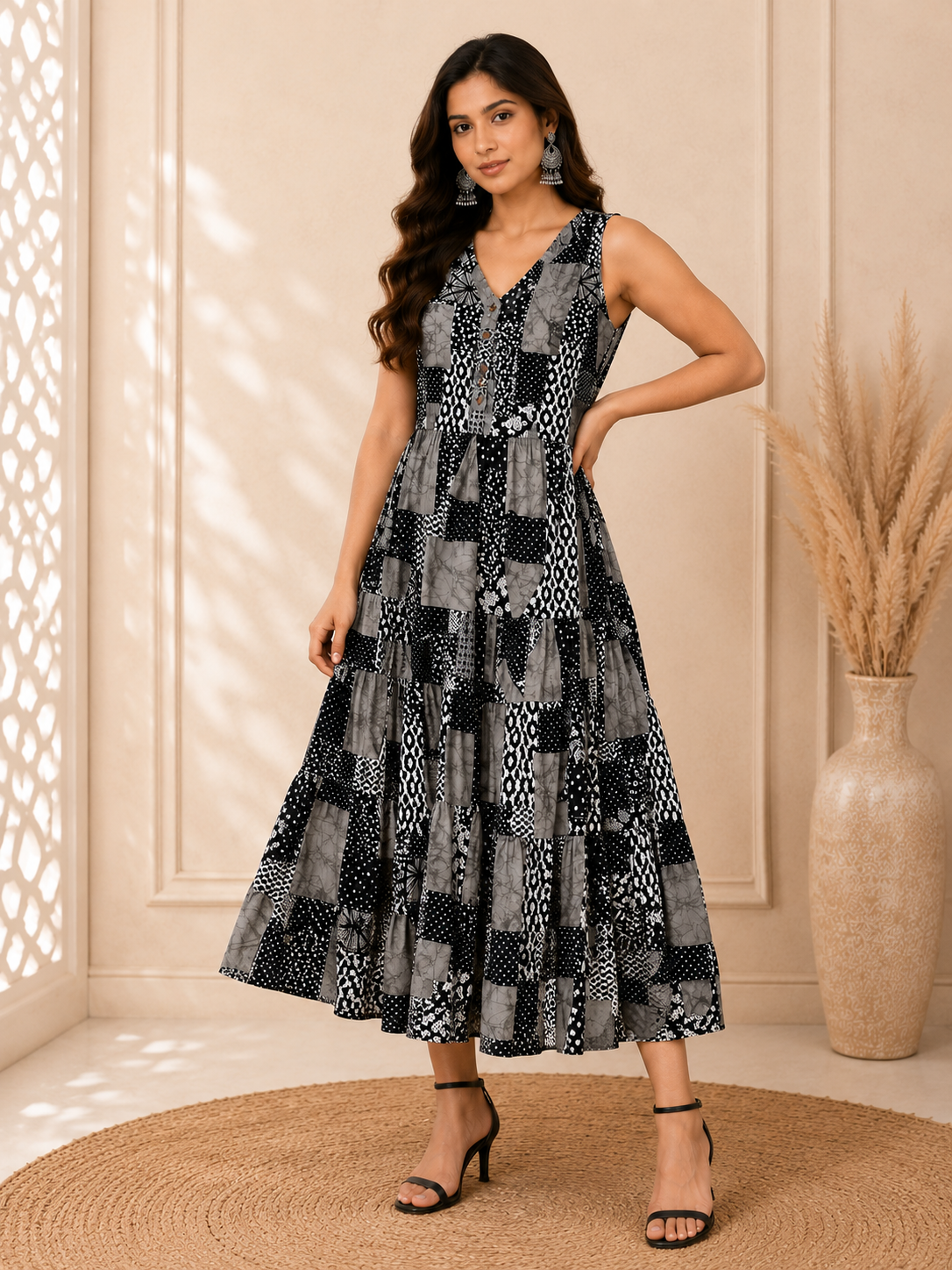 Midnight Mosaic Tiered Midi Dress