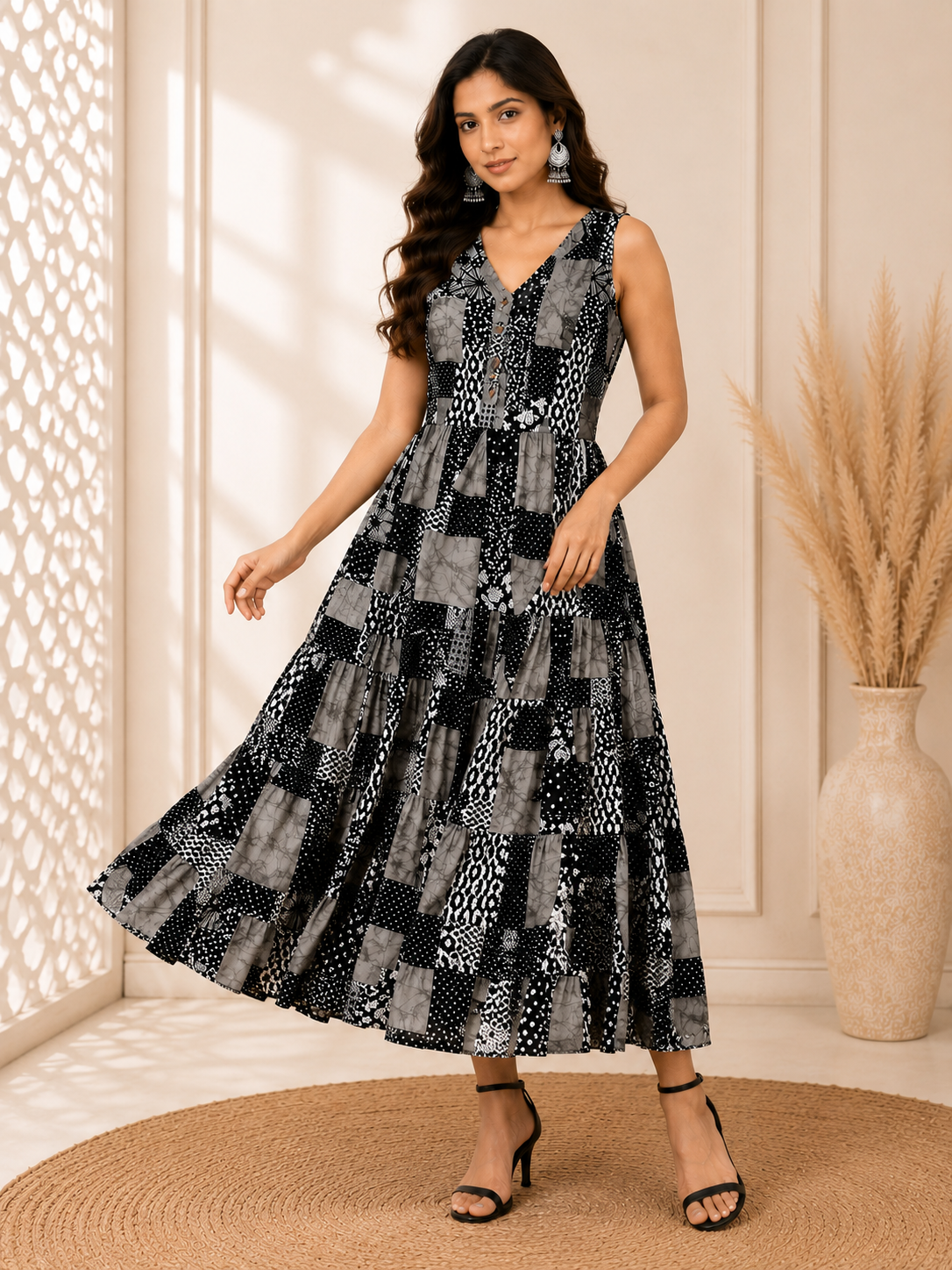 Midnight Mosaic Tiered Midi Dress