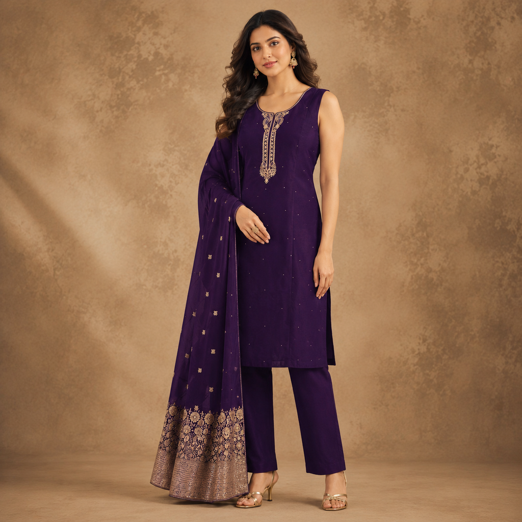 Zari Neckline Embroidered Suit Set