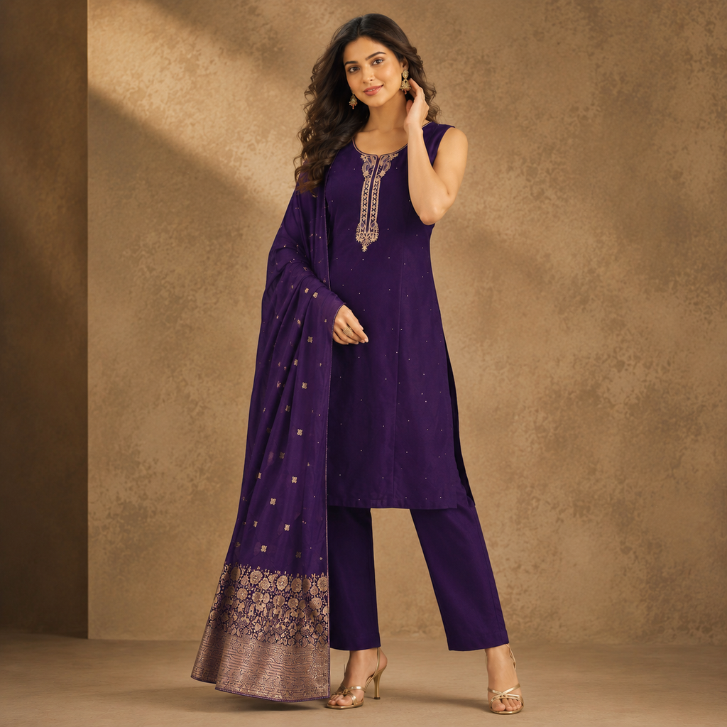 Zari Neckline Embroidered Suit Set
