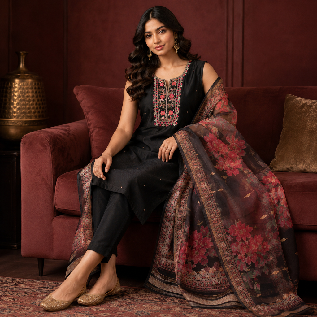 Floral Threadwork Suit Set