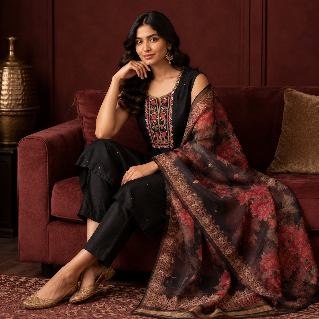 Floral Threadwork Suit Set