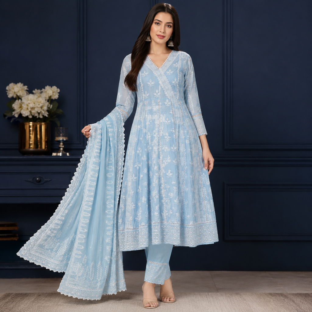 Schiffli Anarkali Set