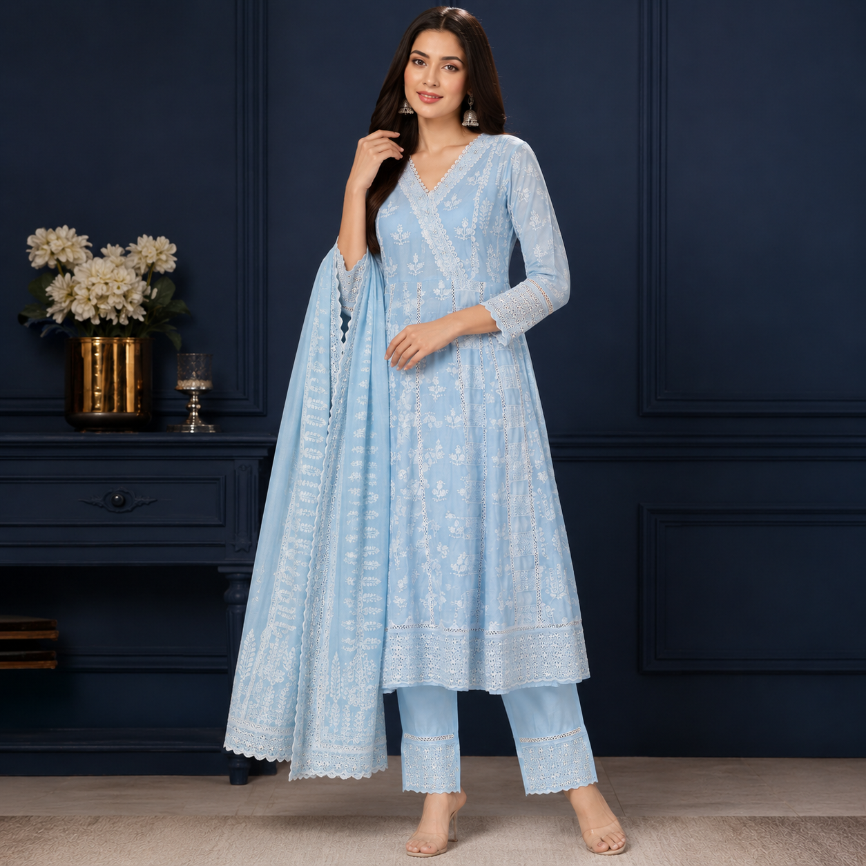 Schiffli Anarkali Set