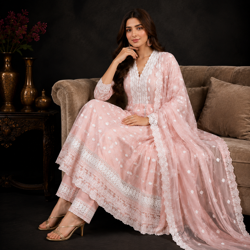 Schiffli Anarkali Set