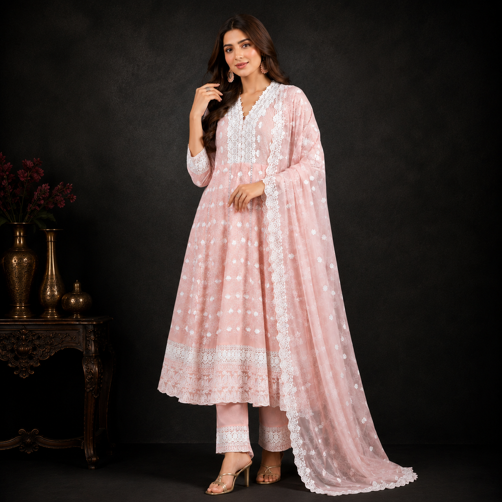 Schiffli Anarkali Set