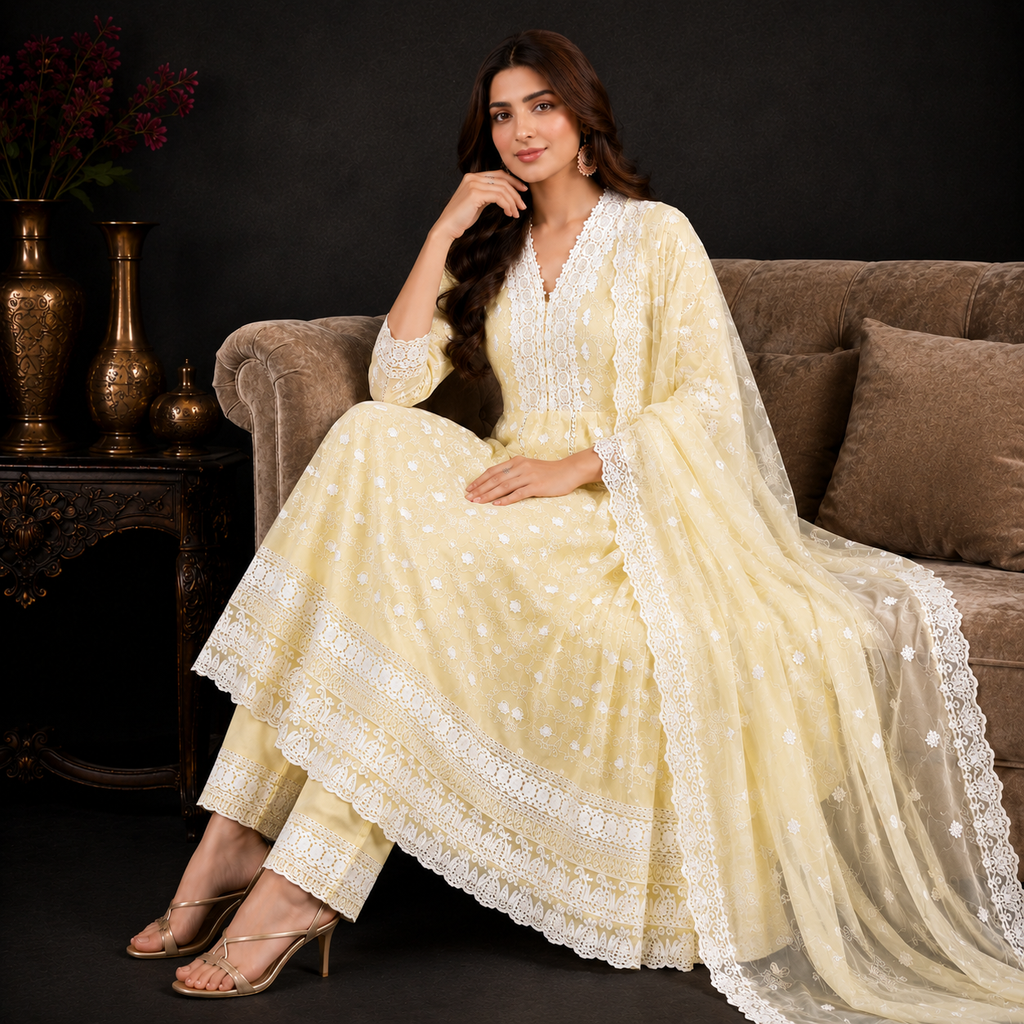 Schiffli Anarkali Set