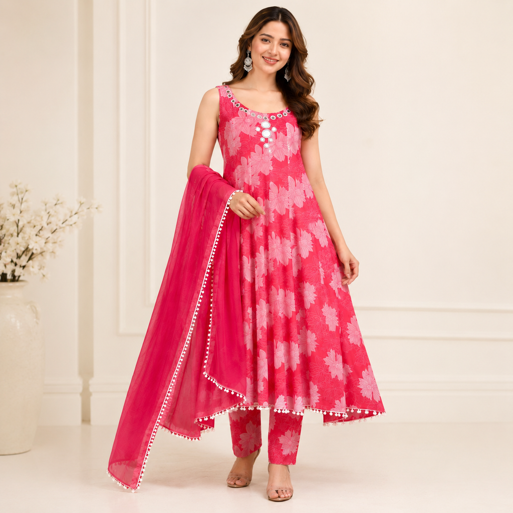 Blush Bloom Mirror Work Anarkali Set
