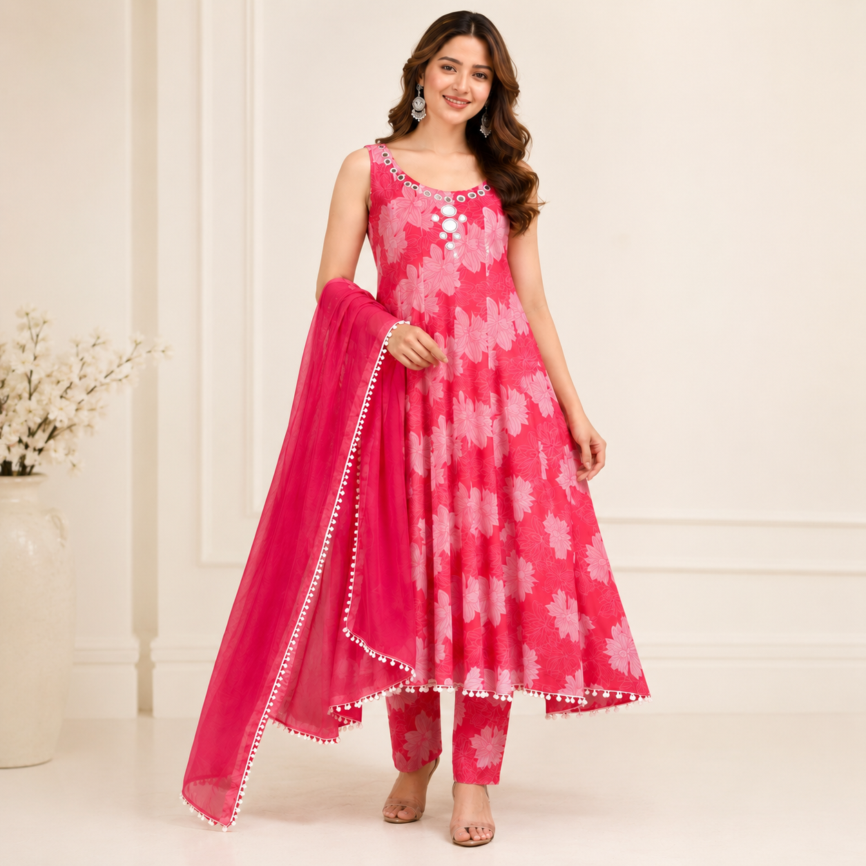 Blush Bloom Mirror Work Anarkali Set