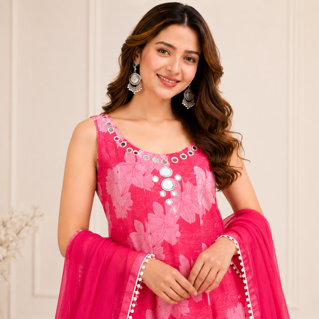 Blush Bloom Mirror Work Anarkali Set