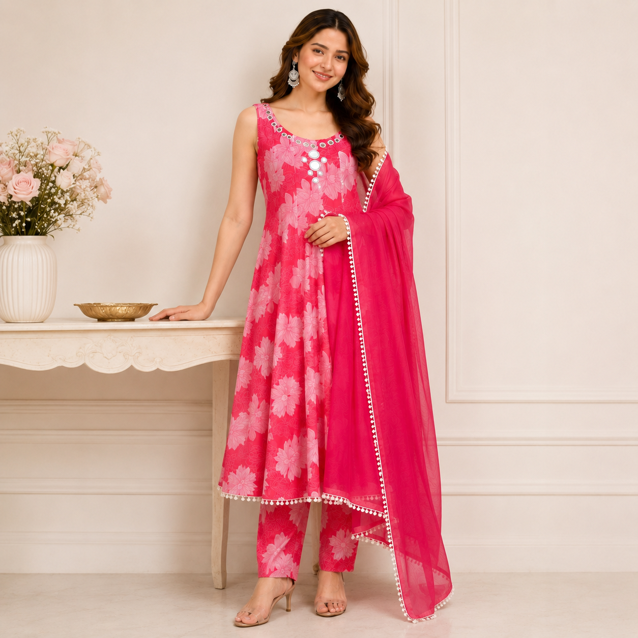 Blush Bloom Mirror Work Anarkali Set