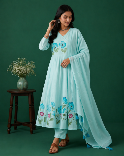 Aqua Bloom Anarkali 3 Pc Suit Set