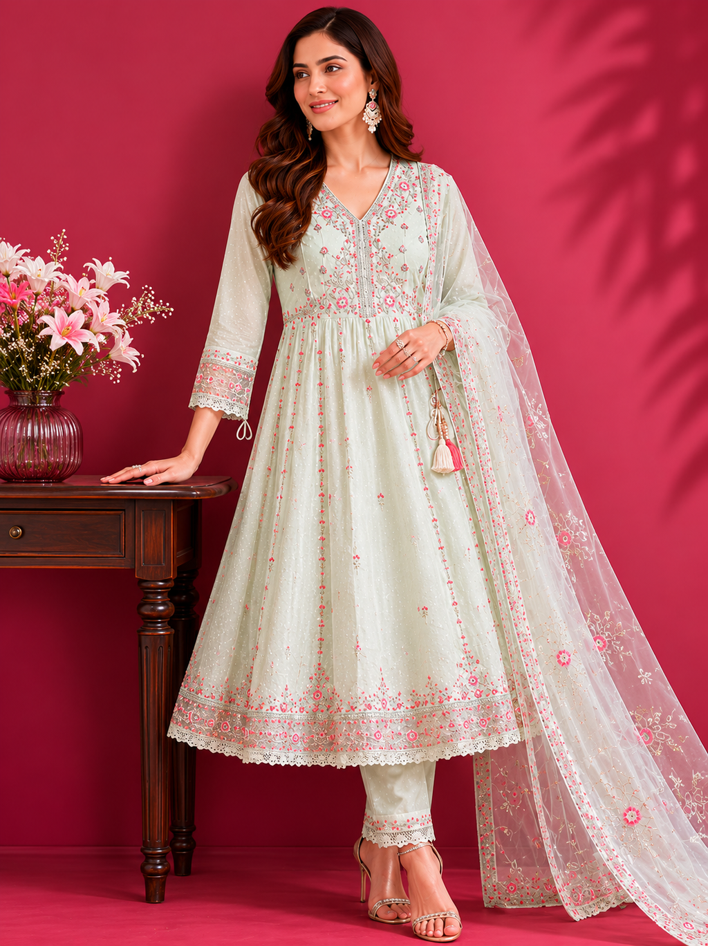 Rosé Mint Embroidered Anarkali Set