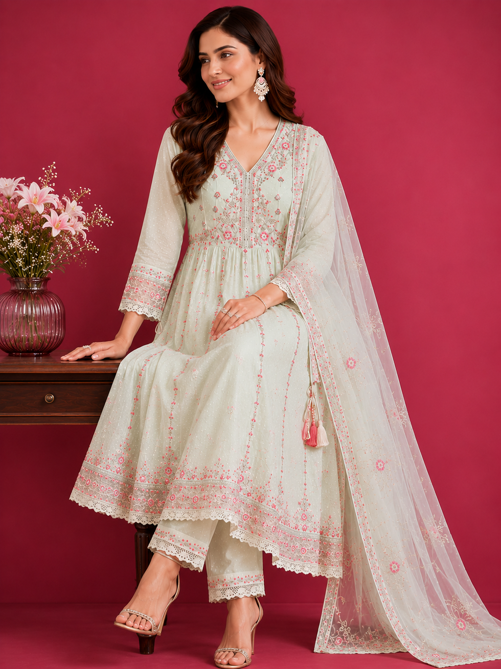 Rosé Mint Embroidered Anarkali Set