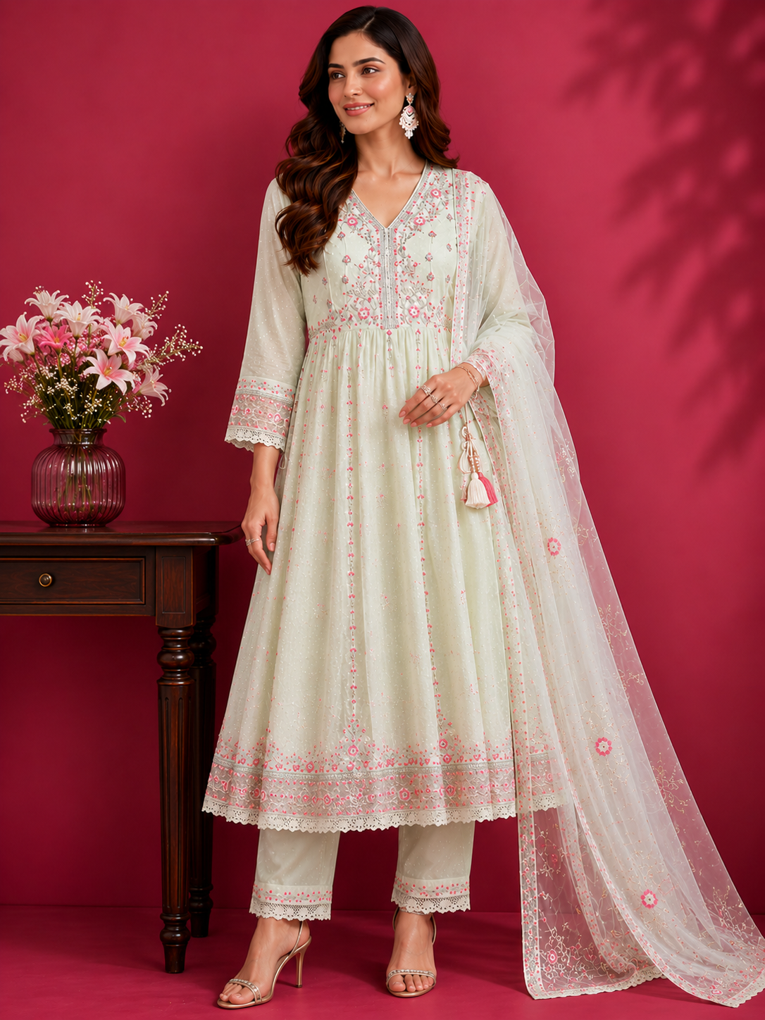Rosé Mint Embroidered Anarkali Set