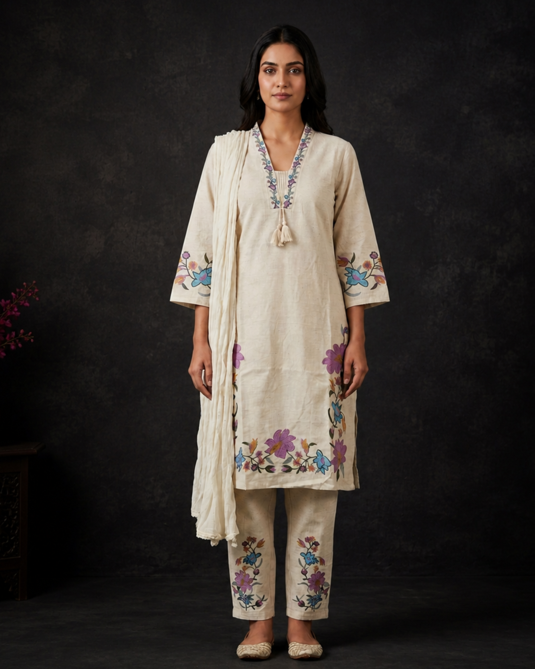 Ivory Bloom Embroidered 3-Piece Suit Set