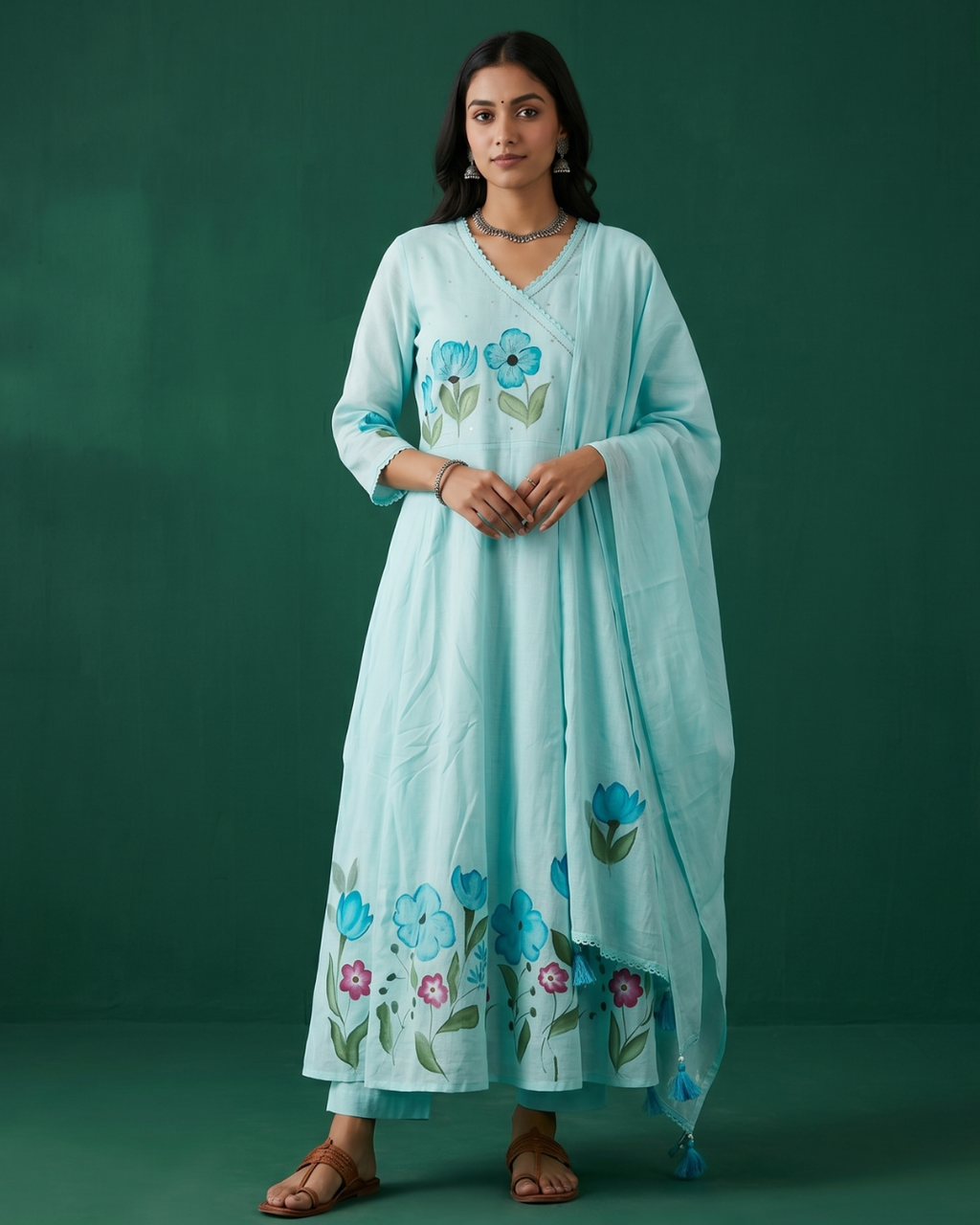 Aqua Bloom Anarkali 3 Pc Suit Set