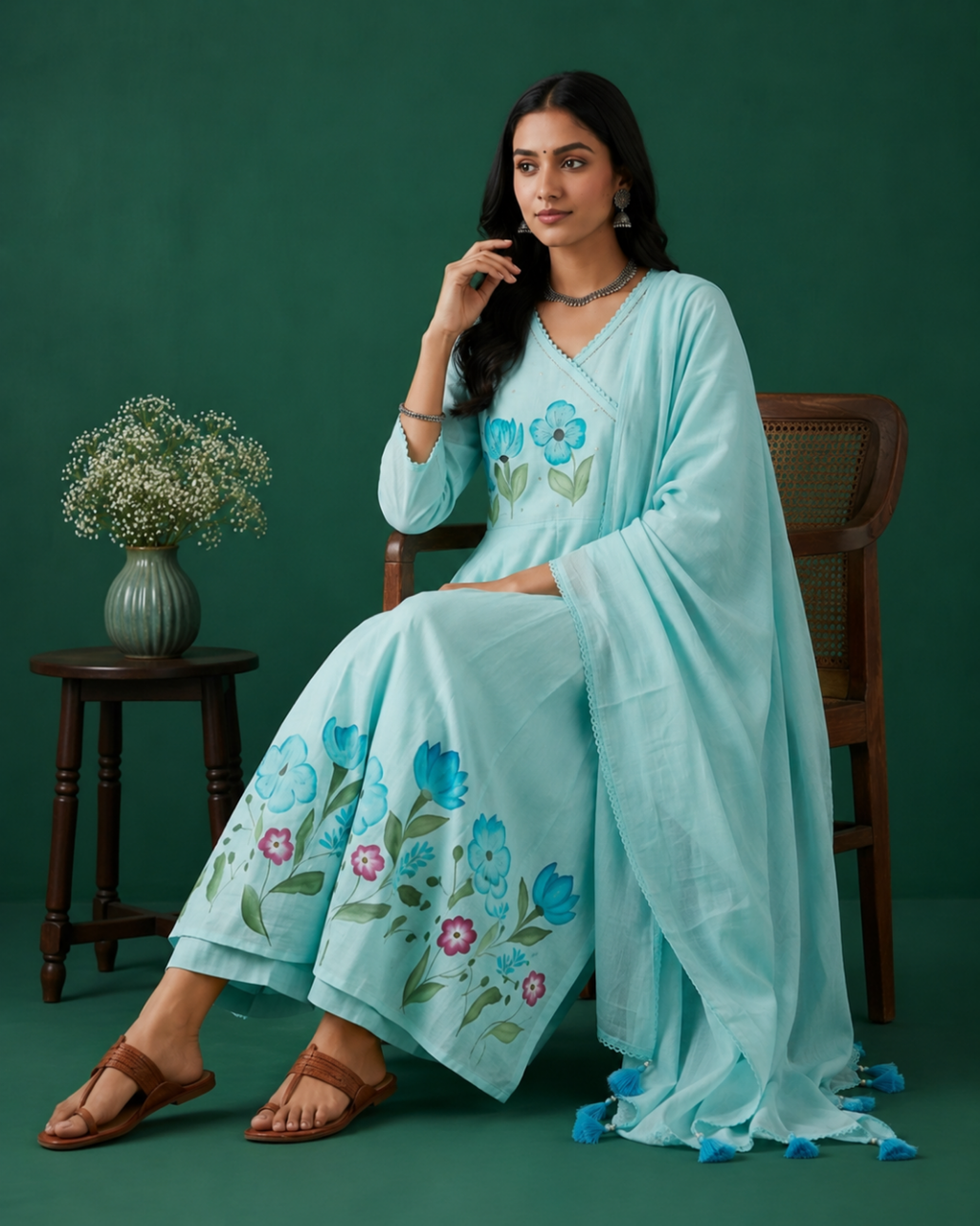 Aqua Bloom Anarkali 3 Pc Suit Set