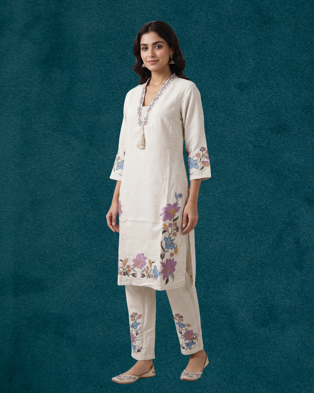 Ivory Bloom Embroidered 3-Piece Suit Set