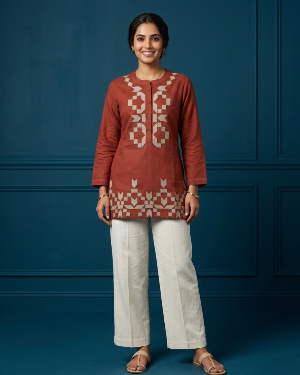 Rust Embroidered Short Kurti