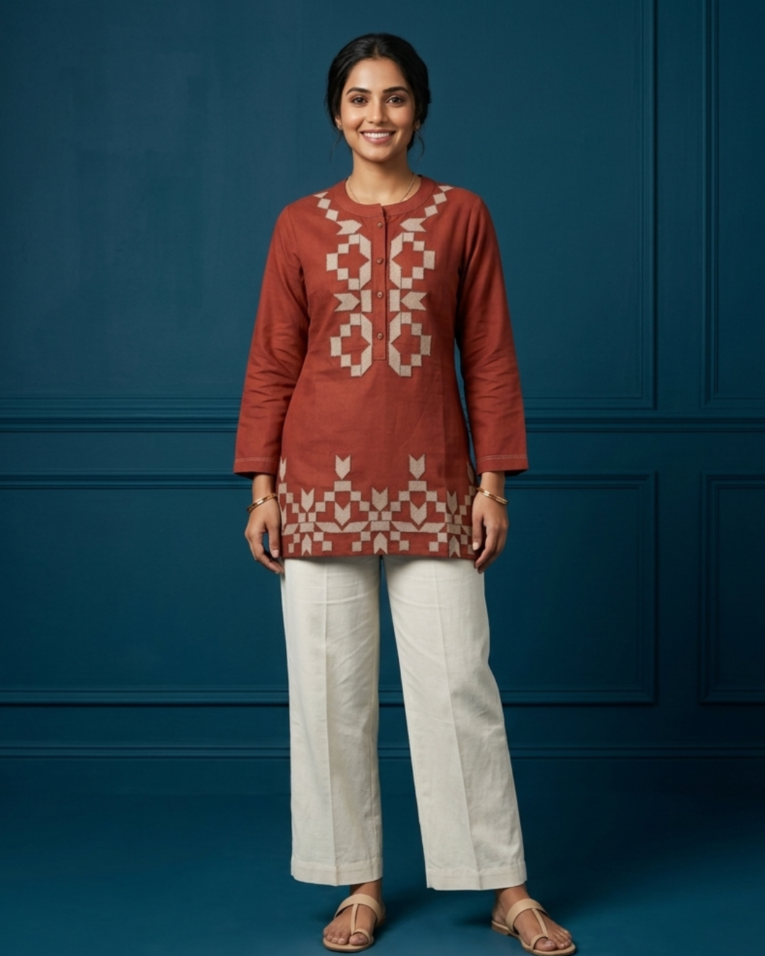 Rust Embroidered Short Kurti