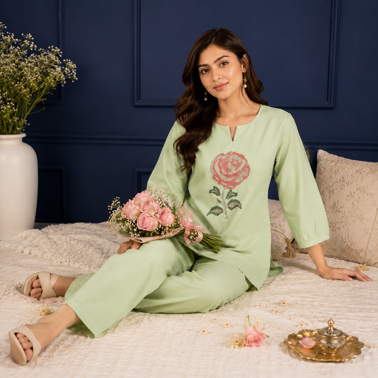 Rosé Bloom Embroidered Co-ord Set