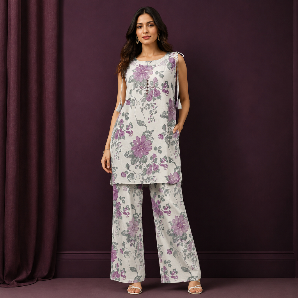 Lavender Bloom Mirror Work Co-ord Set